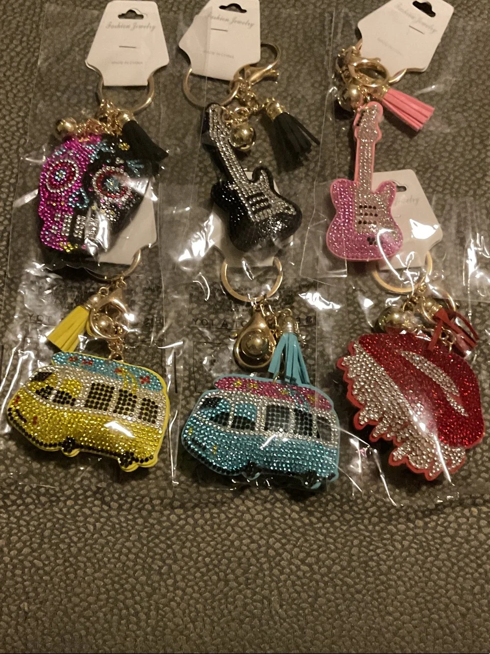 Puffy Rhinestone Guitar, Van, Sugarskull, & Flaming Lips Keychain/Bag Charms